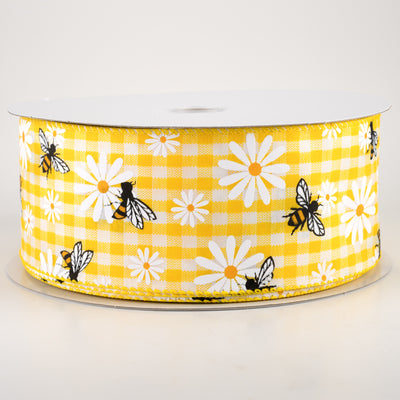 2.5" Daisies & Bees Ribbon: Yellow & White Gingham (50 Yards)