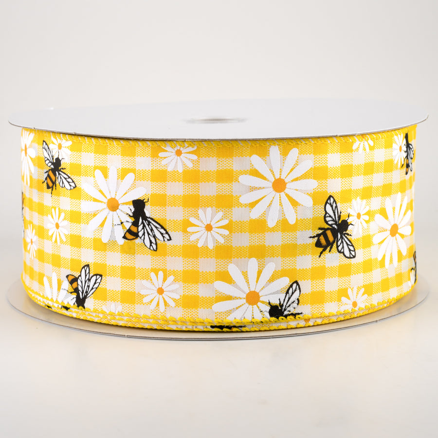 2.5" Daisies & Bees Ribbon: Yellow & White Gingham (50 Yards)
