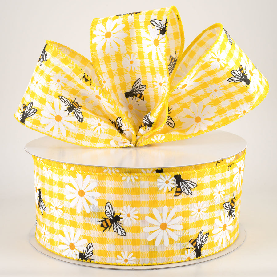 2.5" Daisies & Bees Ribbon: Yellow & White Gingham (50 Yards)