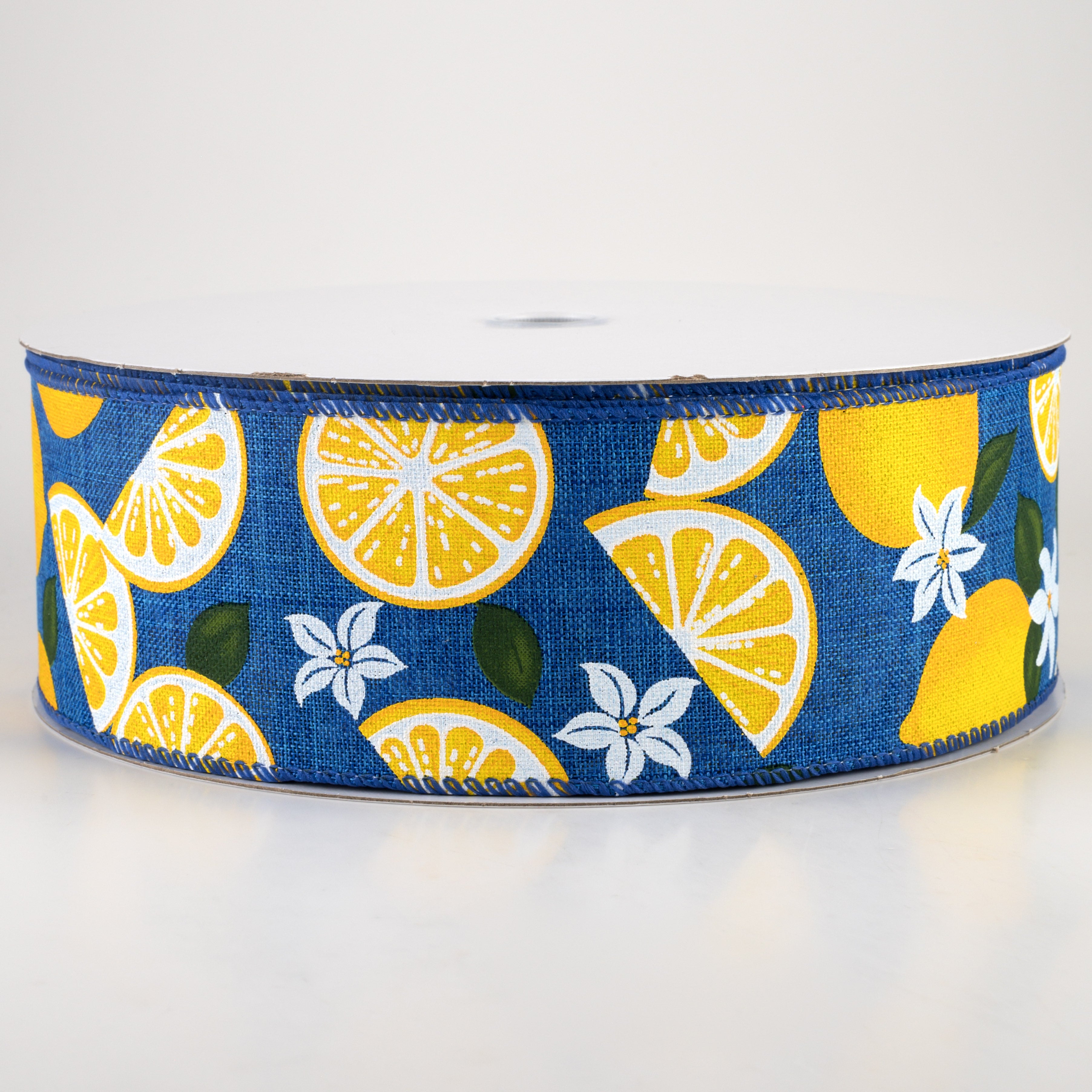 2.5" Linen Lemons & Flowers Ribbon: Royal Blue (50 Yards)
