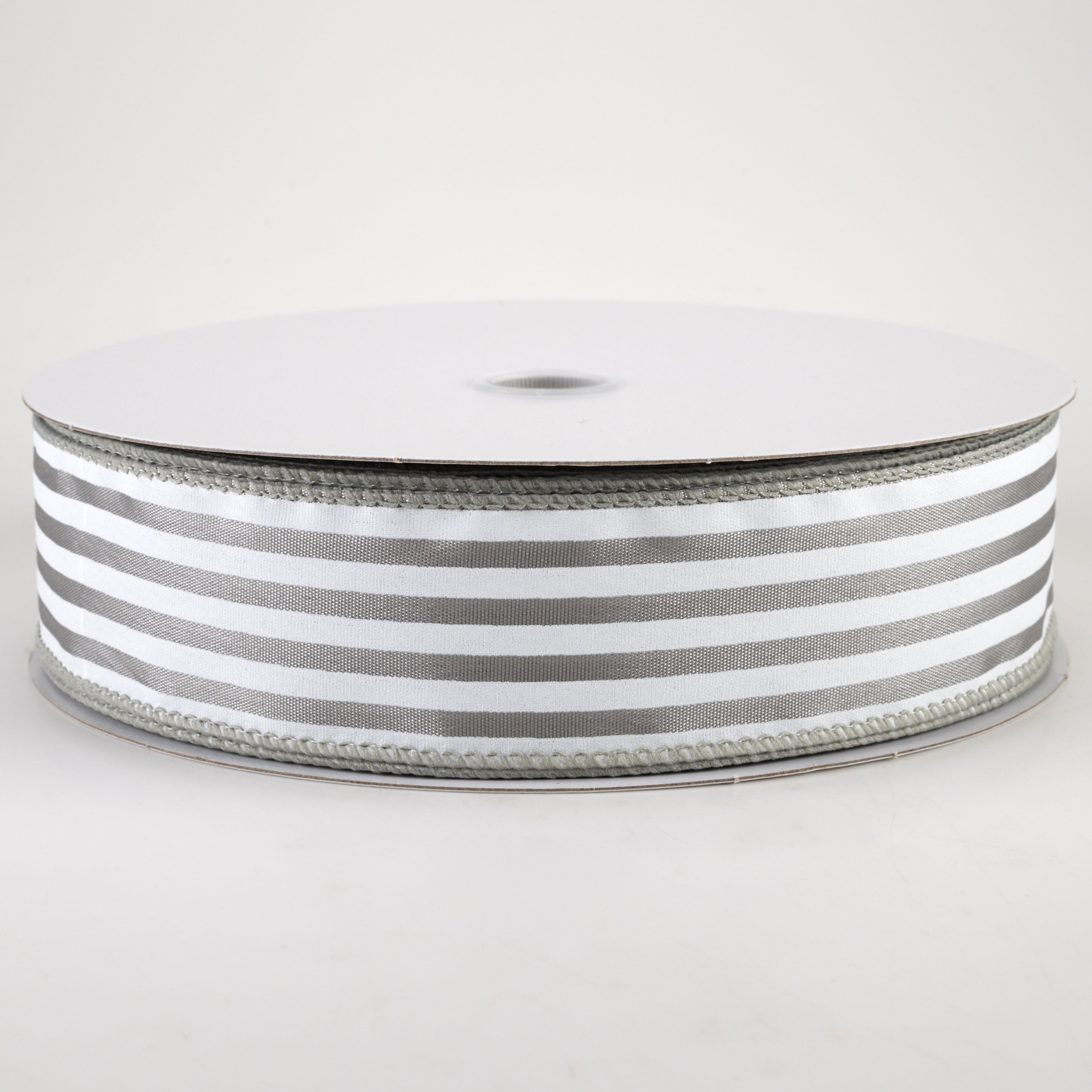 1.5" Cabana Stripes Ribbon: White on Grey Satin (50 Yards)