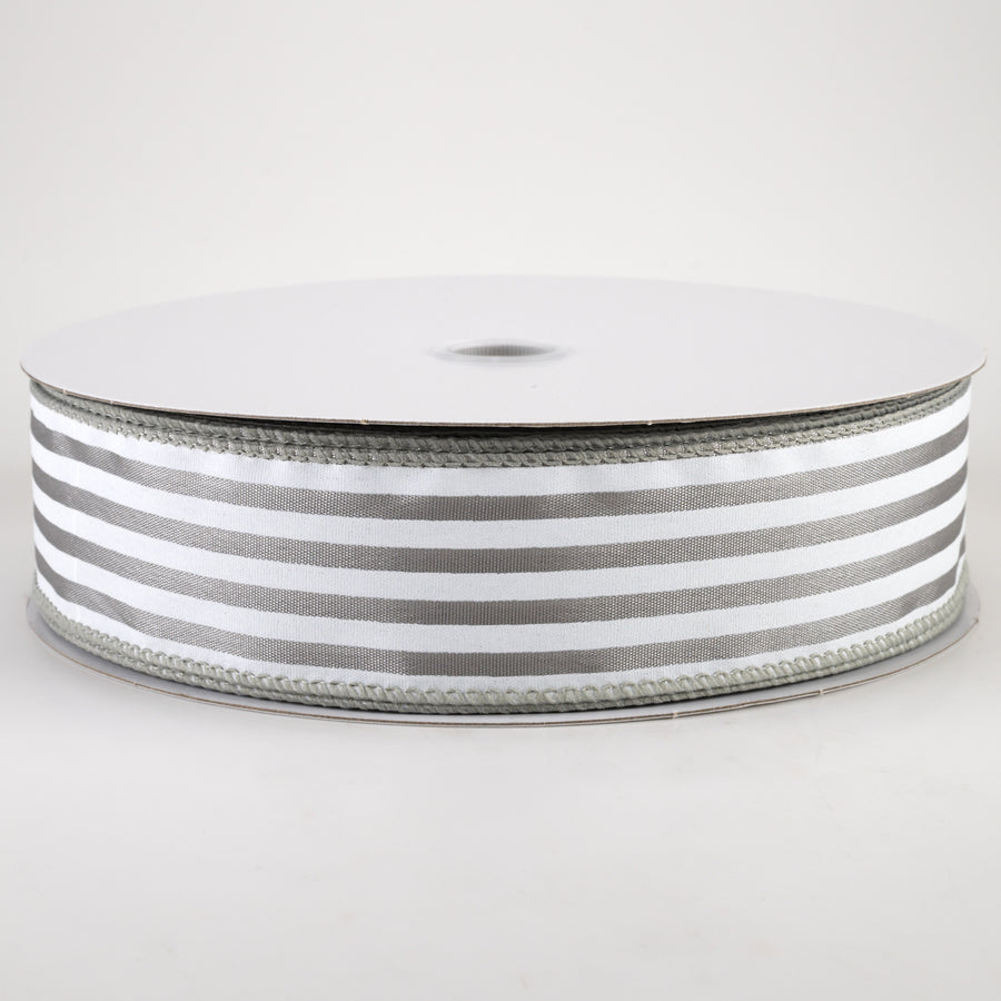 1.5" Cabana Stripes Ribbon: White on Grey Satin (50 Yards)