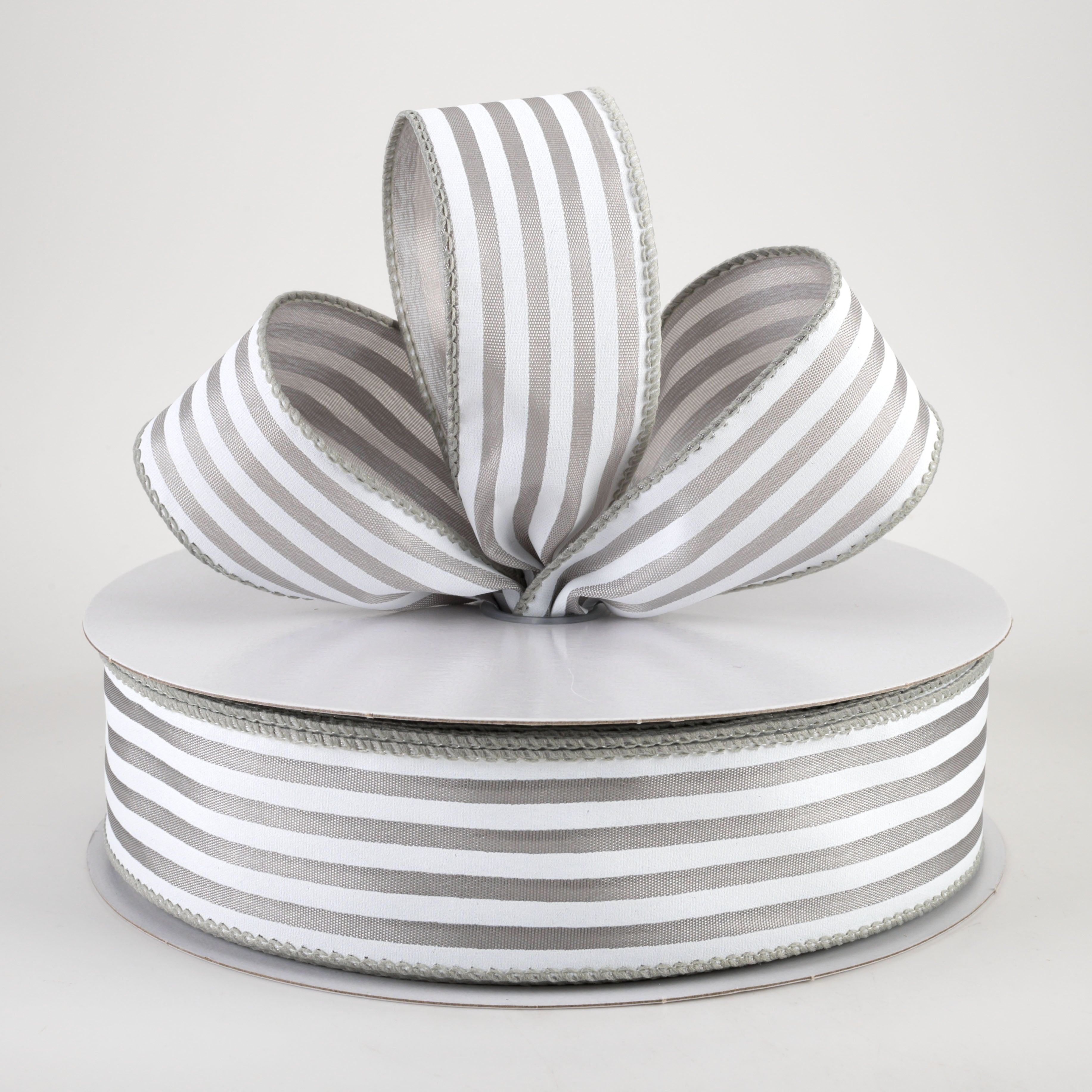 1.5" Cabana Stripes Ribbon: White on Grey Satin (50 Yards)