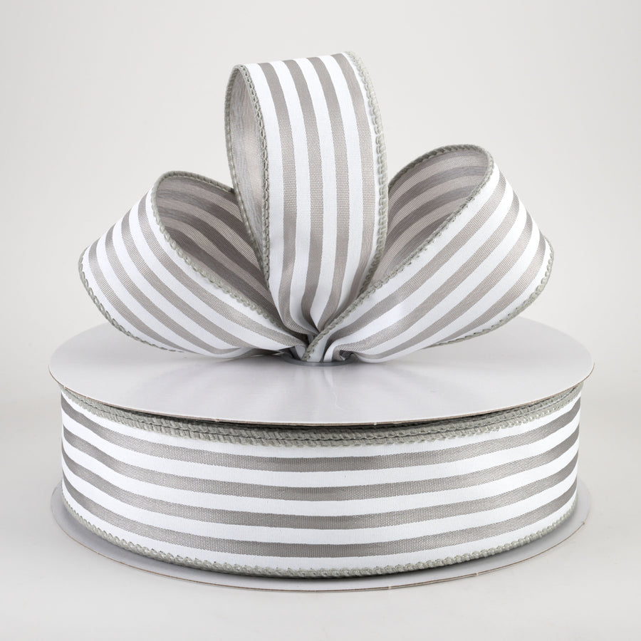 1.5" Cabana Stripes Ribbon: White on Grey Satin (50 Yards)
