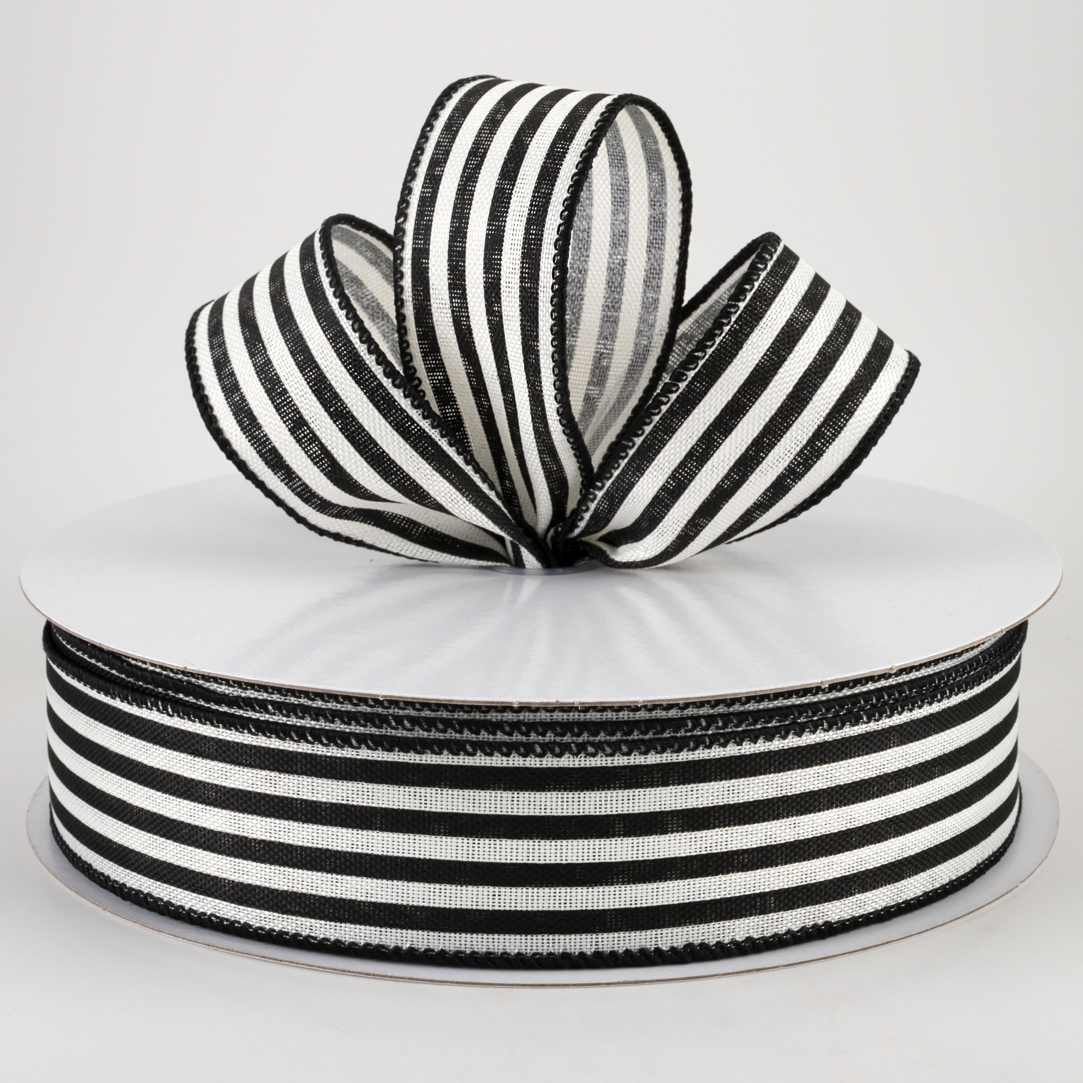 1.5" Linen Cabana Stripes Ribbon: Ivory & Black (50 Yards)