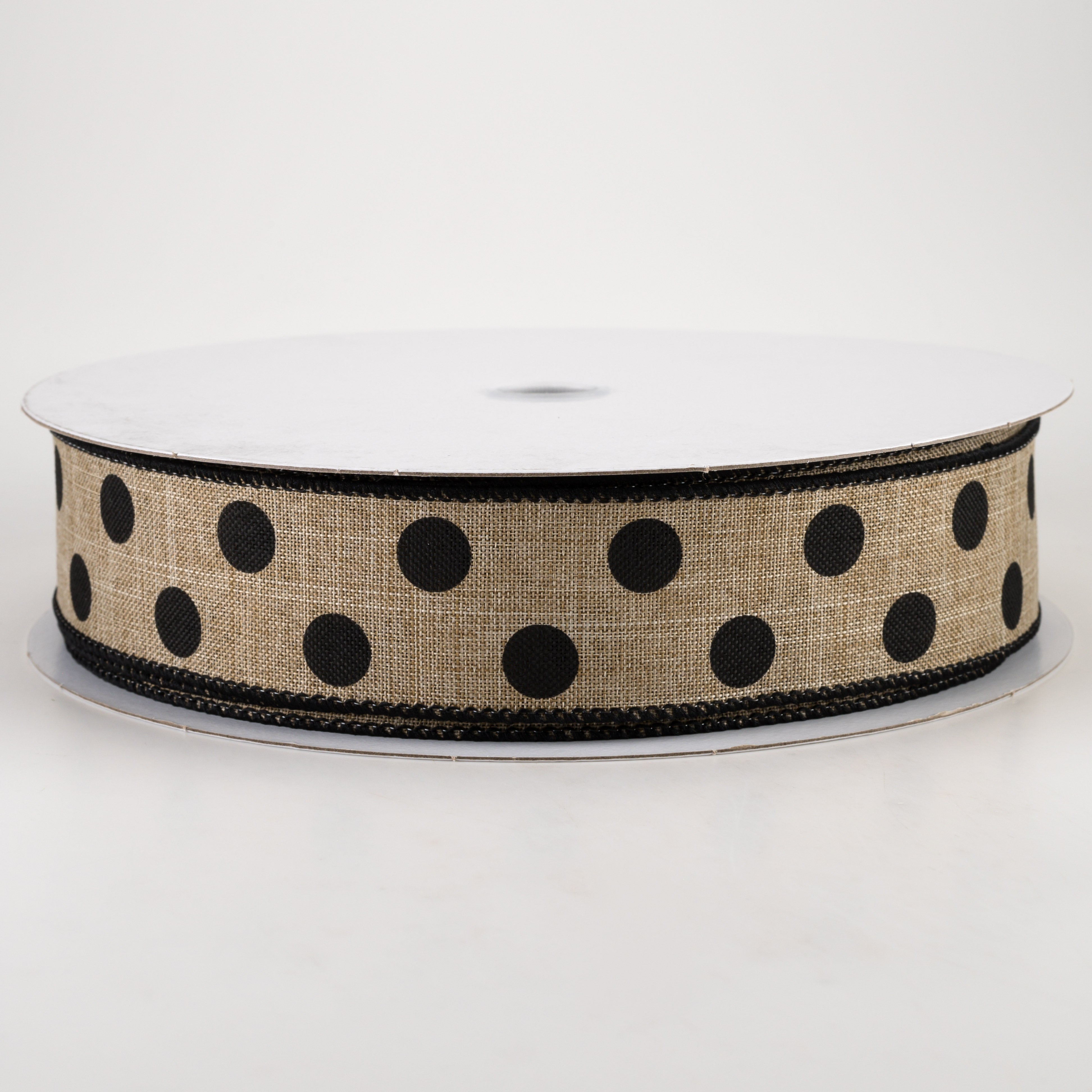 1.5" Linen Polka Dot Ribbon: Black on Natural (50 Yards)
