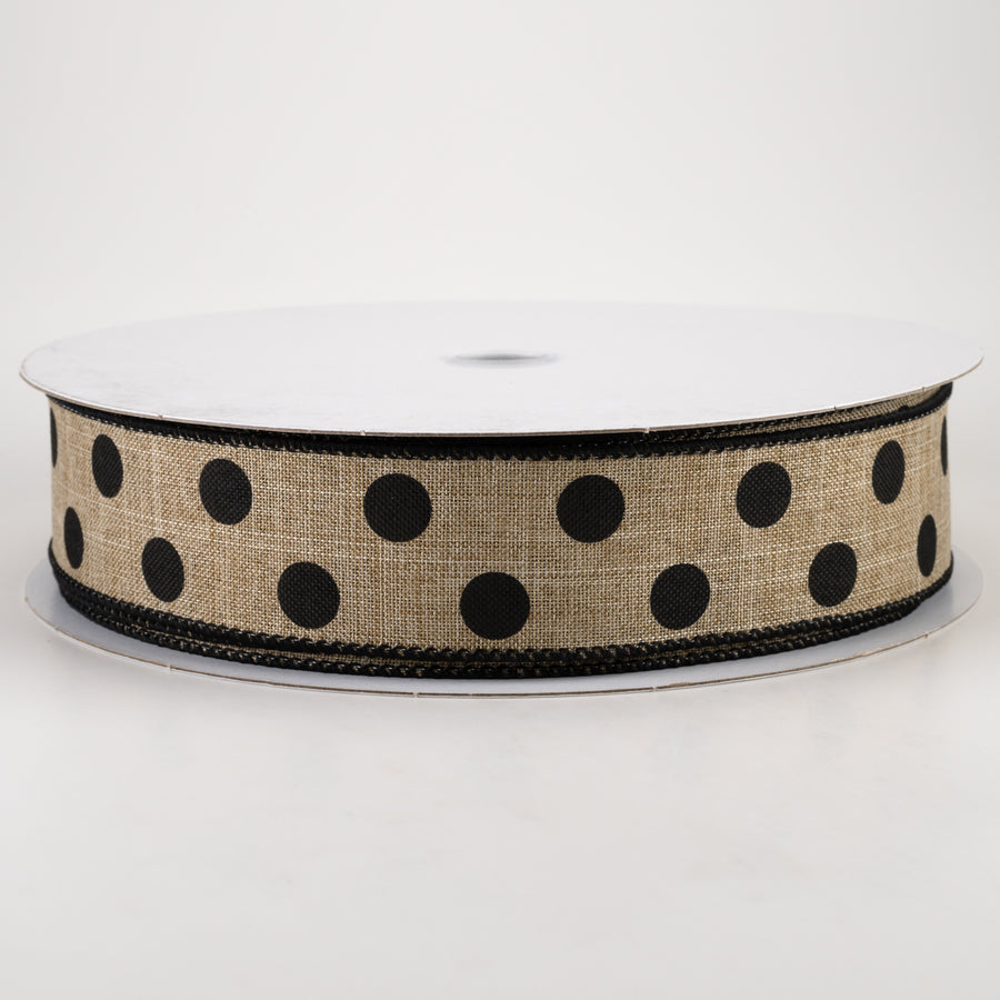 1.5" Linen Polka Dot Ribbon: Black on Natural (50 Yards)