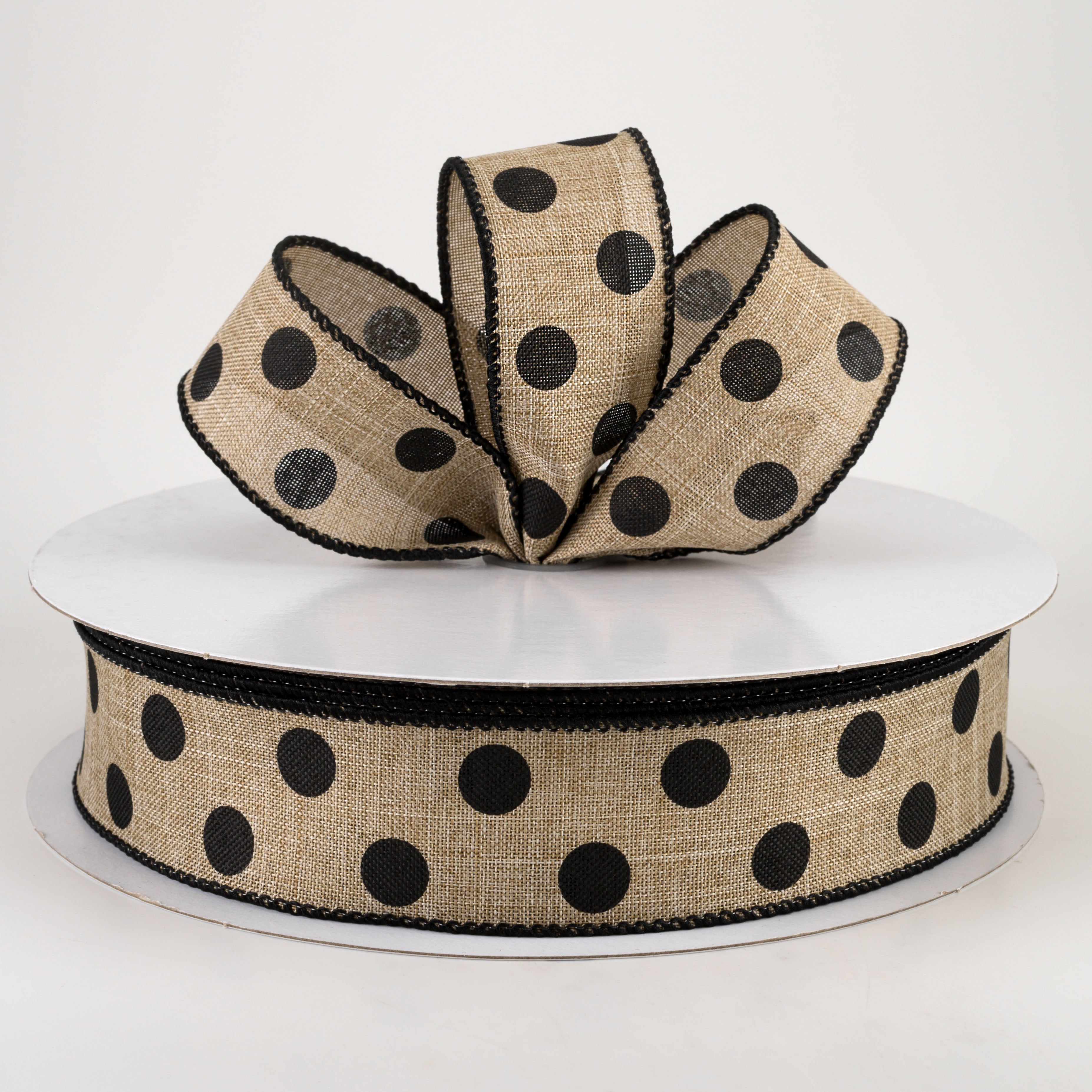 1.5" Linen Polka Dot Ribbon: Black on Natural (50 Yards)