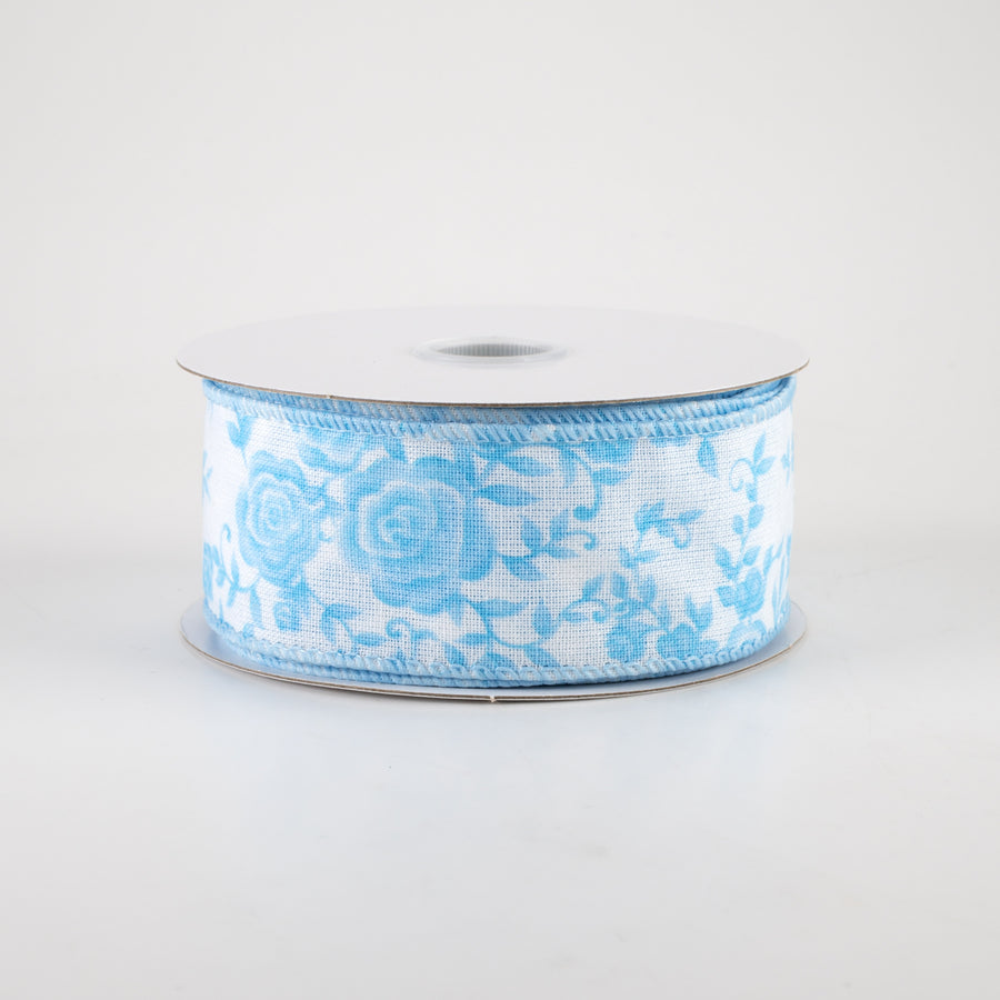 1.5" Ombre Roses on White Linen Ribbon: Blue (10 Yards)