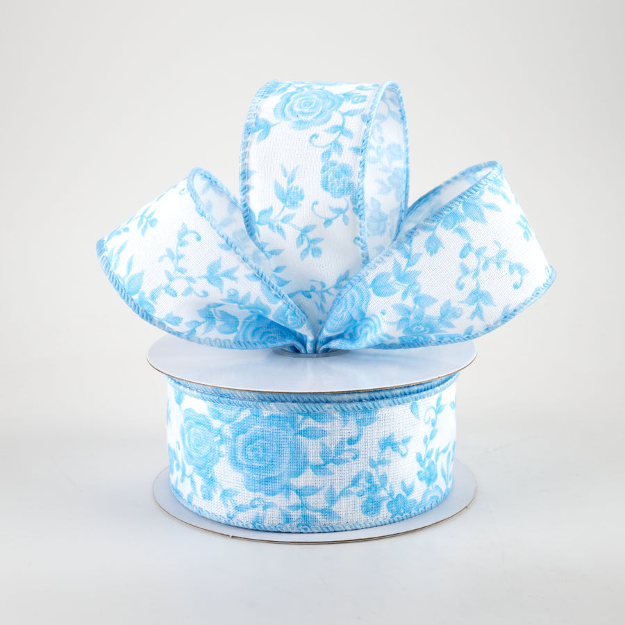 1.5" Ombre Roses on White Linen Ribbon: Blue (10 Yards)