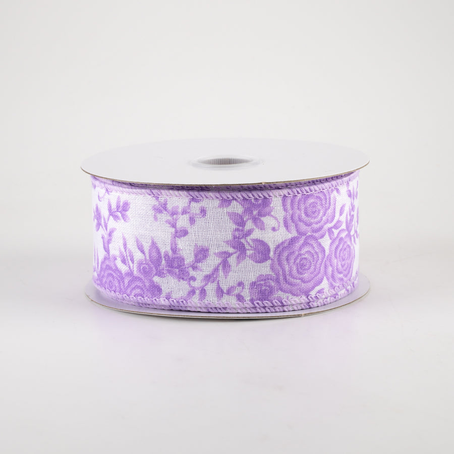 1.5" Ombre Roses on White Linen Ribbon: Lavender (10 Yards)