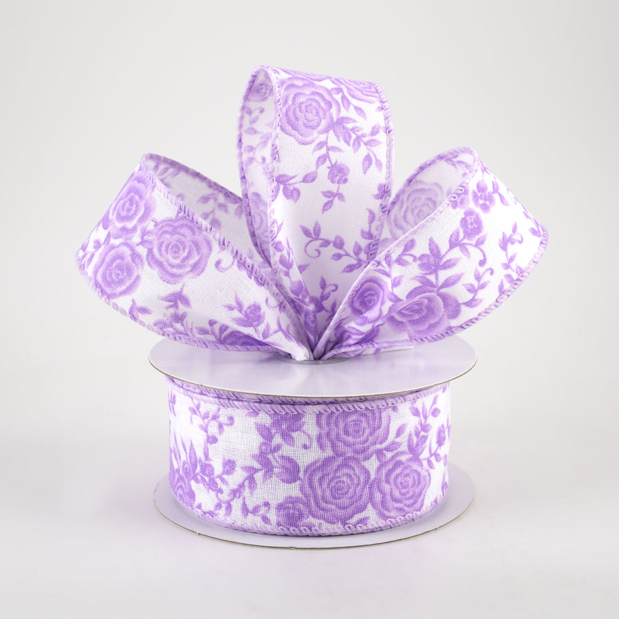 1.5" Ombre Roses on White Linen Ribbon: Lavender (10 Yards)