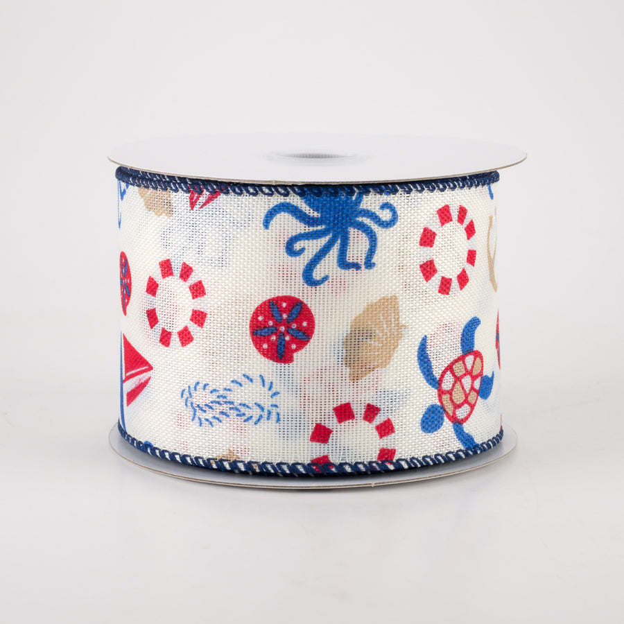 2.5" Linen Nautical Ribbon: Blue & Red (10 Yards)