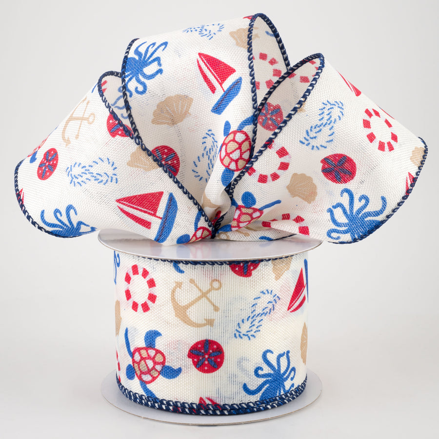 2.5" Linen Nautical Ribbon: Blue & Red (10 Yards)