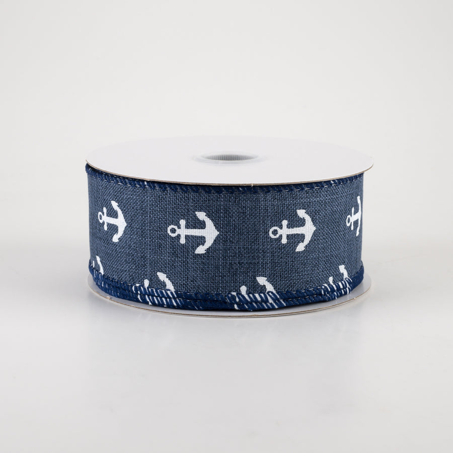 1.5" Linen White Anchors Ribbon: Dark Blue Jean (10 Yards)