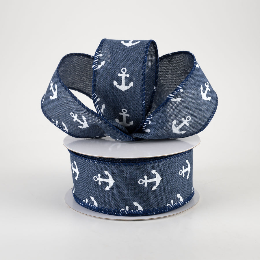 1.5" Linen White Anchors Ribbon: Dark Blue Jean (10 Yards)