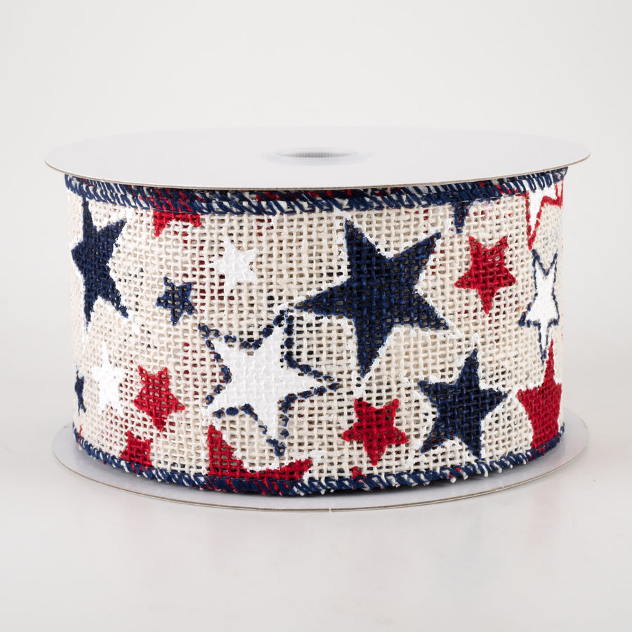 2.5" Burlap Patriotic Stars Ribbon: Cream (10 Yards)