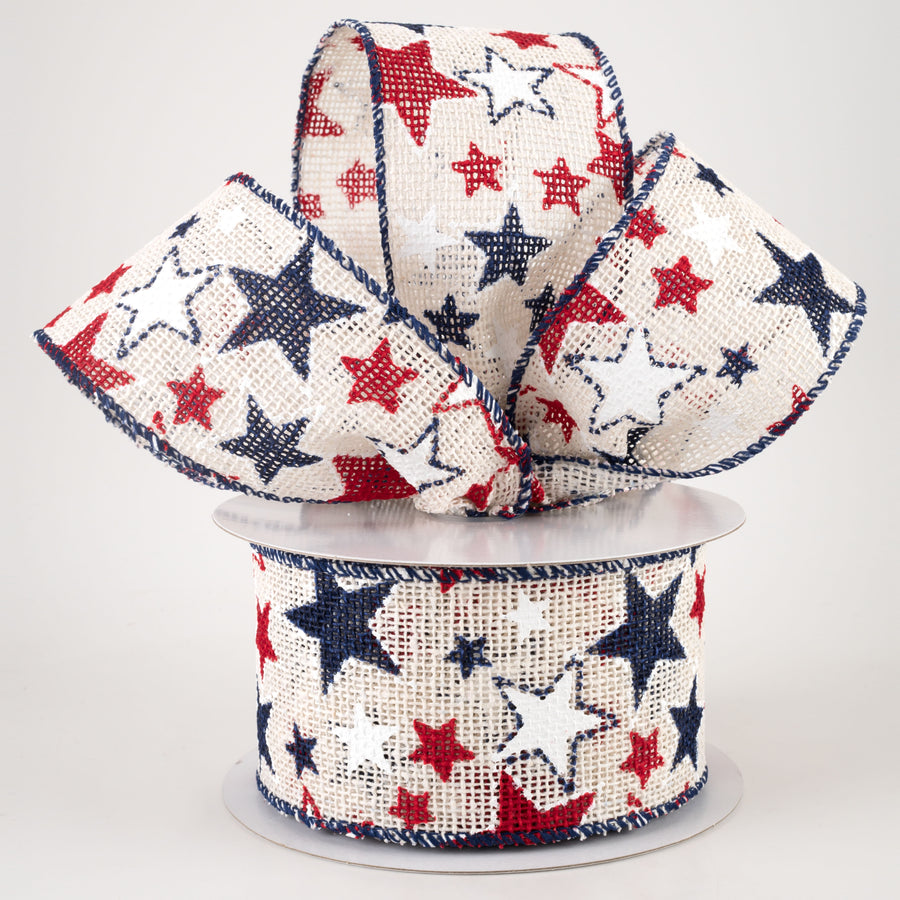 2.5" Burlap Patriotic Stars Ribbon: Cream (10 Yards)