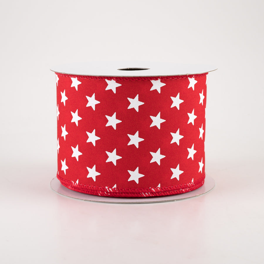2.5" White Stars On Red Satin Ribbon (10 Yards)