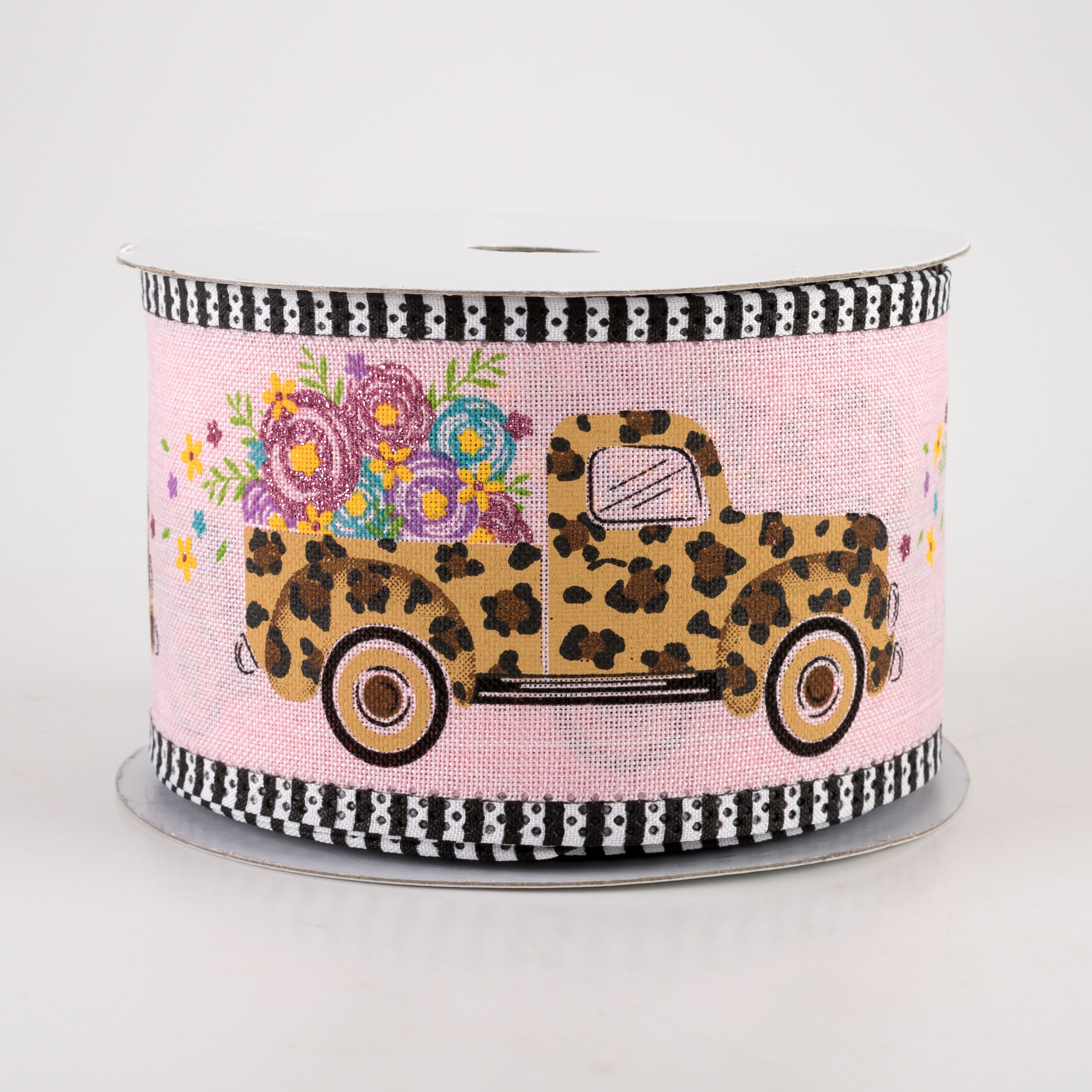 2.75" Leopard Flower Truck Stripe Edge Ribbon: Pink (10 Yards)