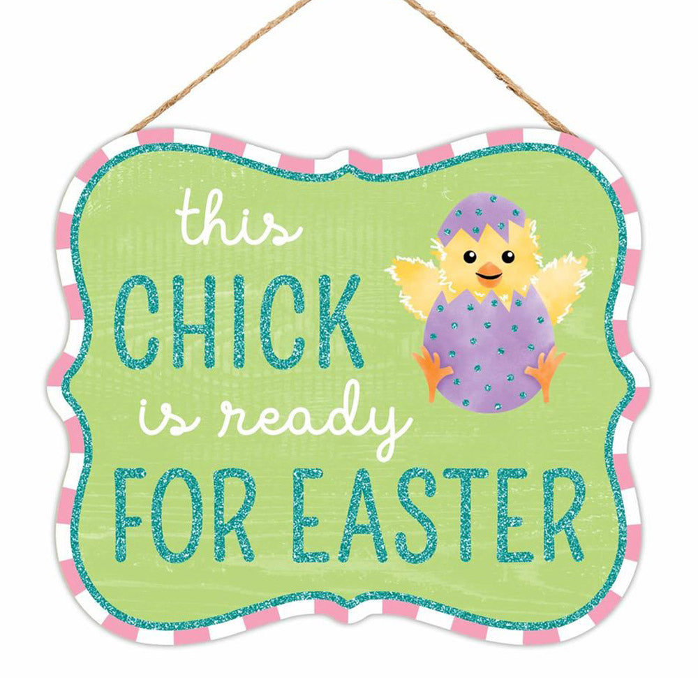 10" Scalloped Wooden Glittered Sign: Chick Ready for Easter