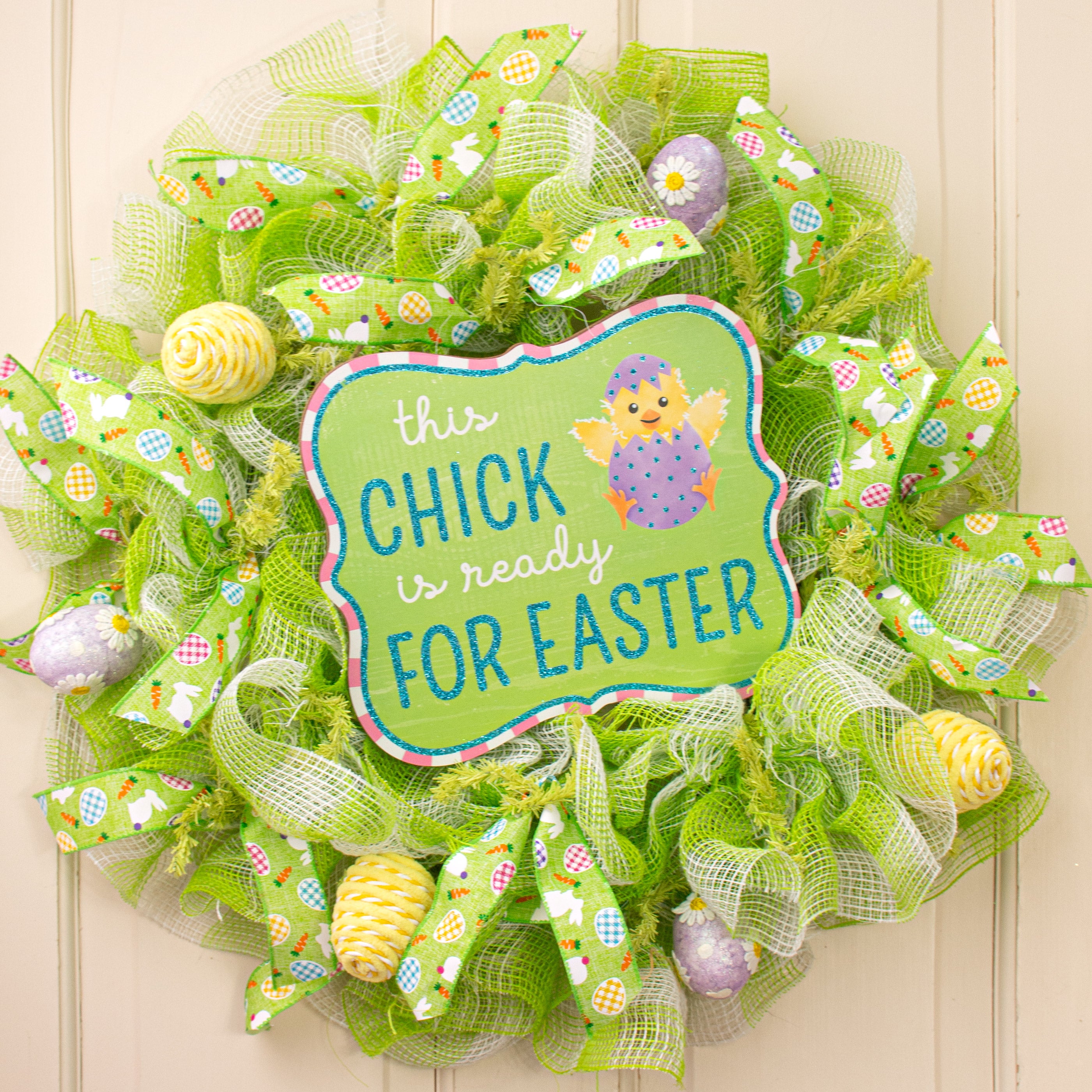 10" Scalloped Wooden Glittered Sign: Chick Ready for Easter