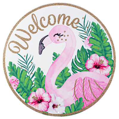 12" Metal Sign: Welcome Tropical Leaves & Flamingo