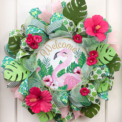 12" Metal Sign: Welcome Tropical Leaves & Flamingo