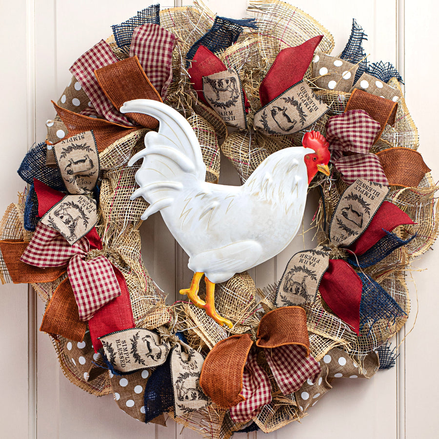 12" Metal Embossed Hanger: White Rooster