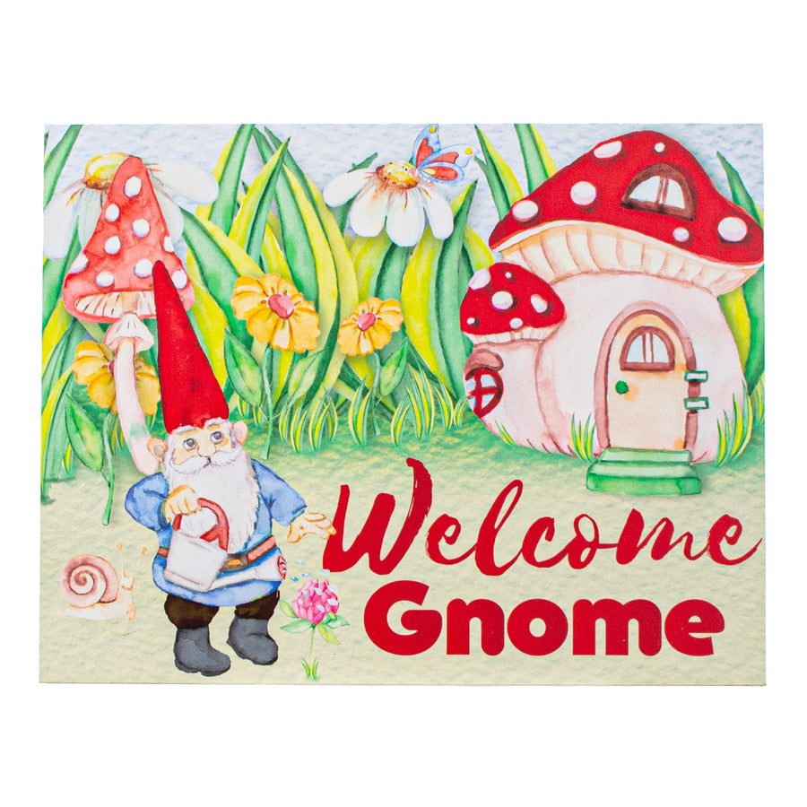 9" Waterproof Sign: Mushroom Garden Gnome Welcome