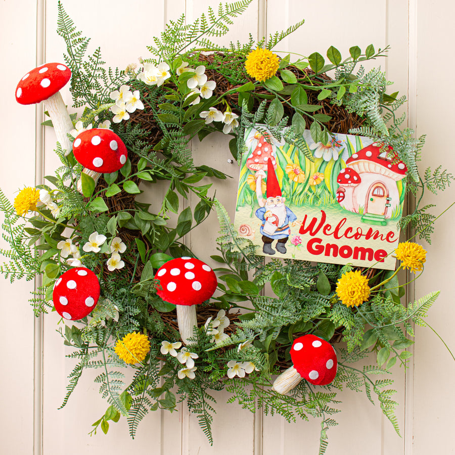 9" Waterproof Sign: Mushroom Garden Gnome Welcome