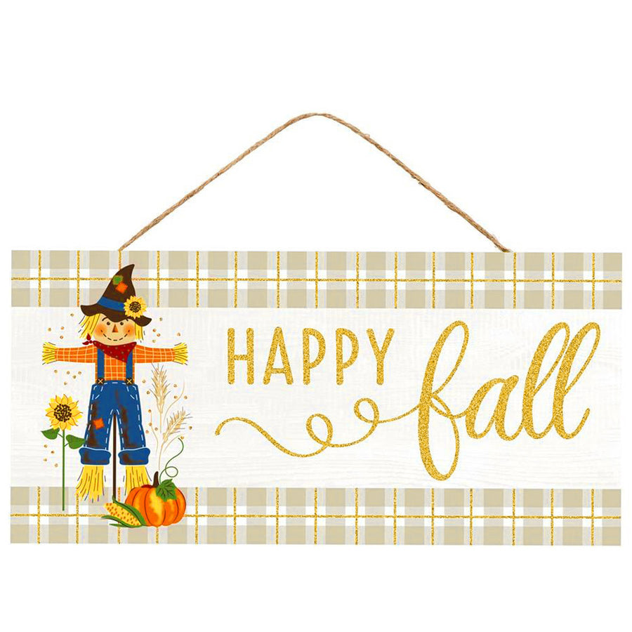 12" Wooden Sign: Fall Scarecrow Gold Glitter Plaid