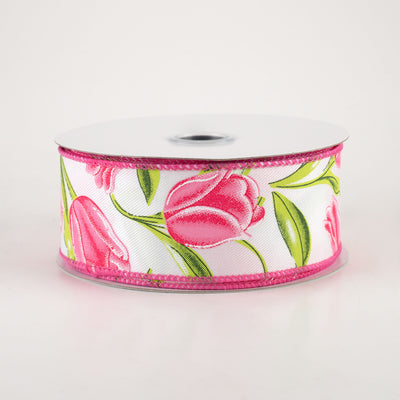 1.5" Tulips Ribbon: White & Pink (10 Yards)