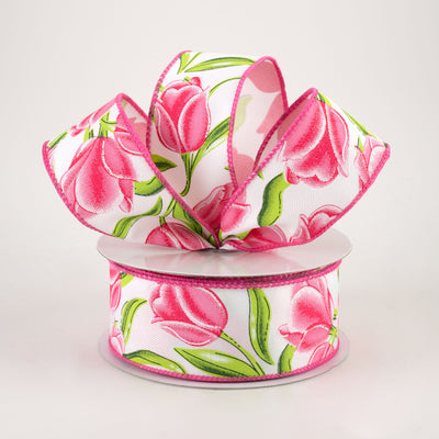 1.5" Tulips Ribbon: White & Pink (10 Yards)