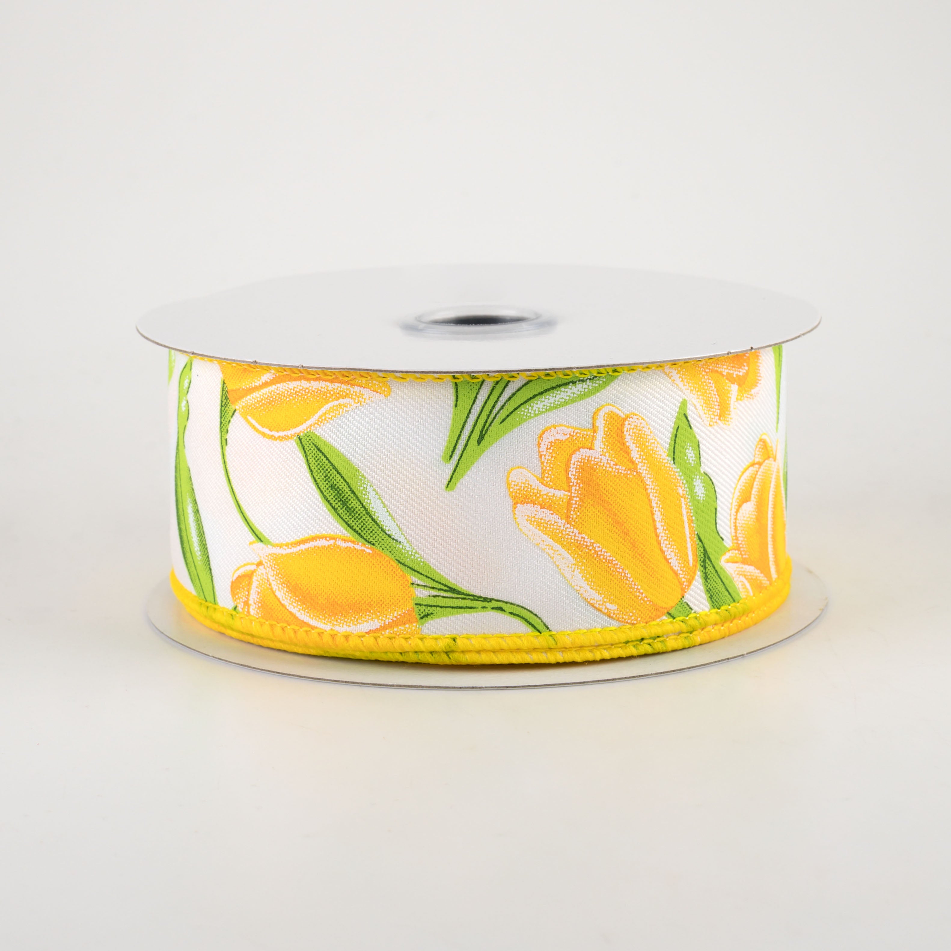 1.5" Tulips Ribbon: White & Yellow (10 Yards)