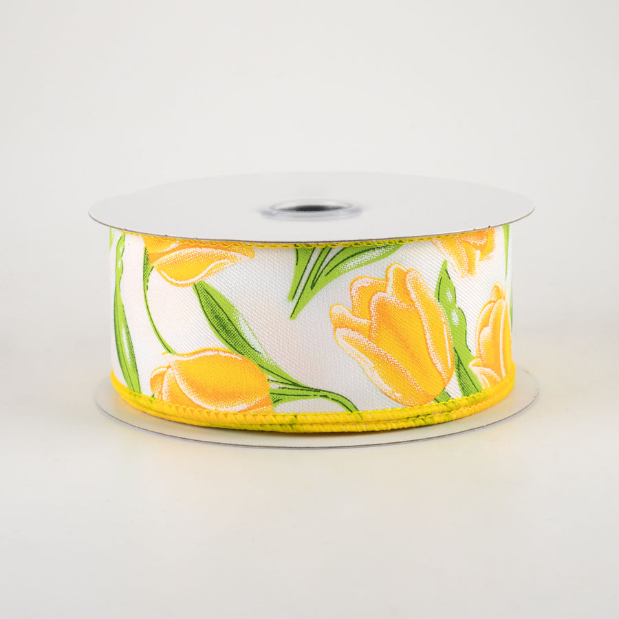 1.5" Tulips Ribbon: White & Yellow (10 Yards)
