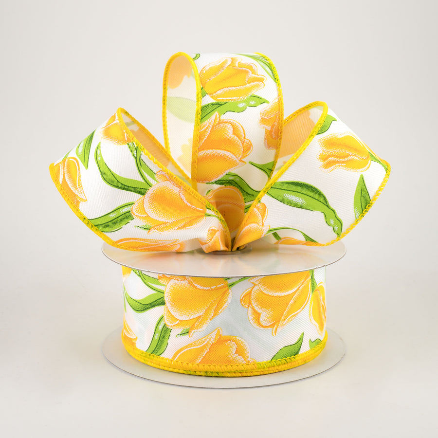 1.5" Tulips Ribbon: White & Yellow (10 Yards)