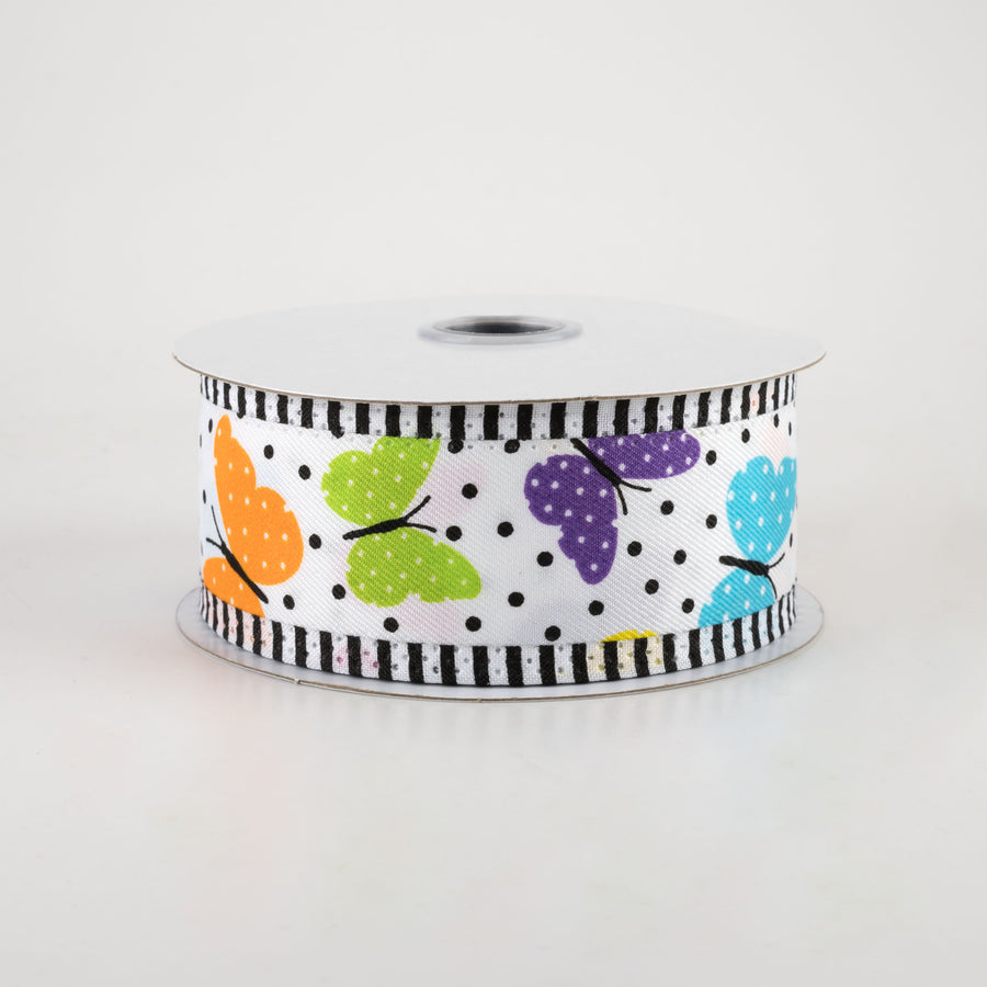 1.5" Butterflies & Dots Stripe Edge Ribbon: Bright Multi (10 Yards)