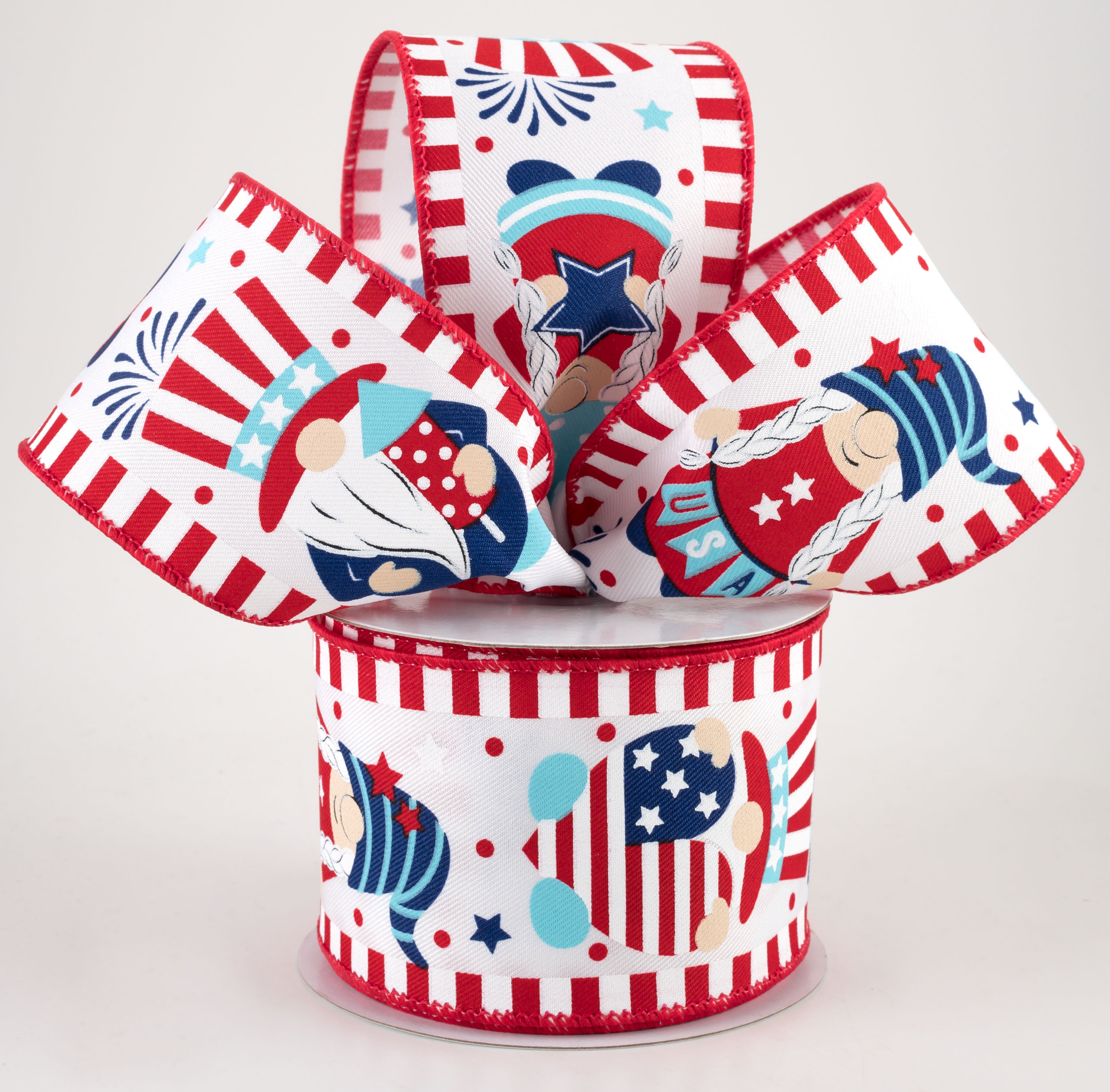 2.5" Patriotic Gnomes on Diagonal Weave Ribbon (10 Yards)