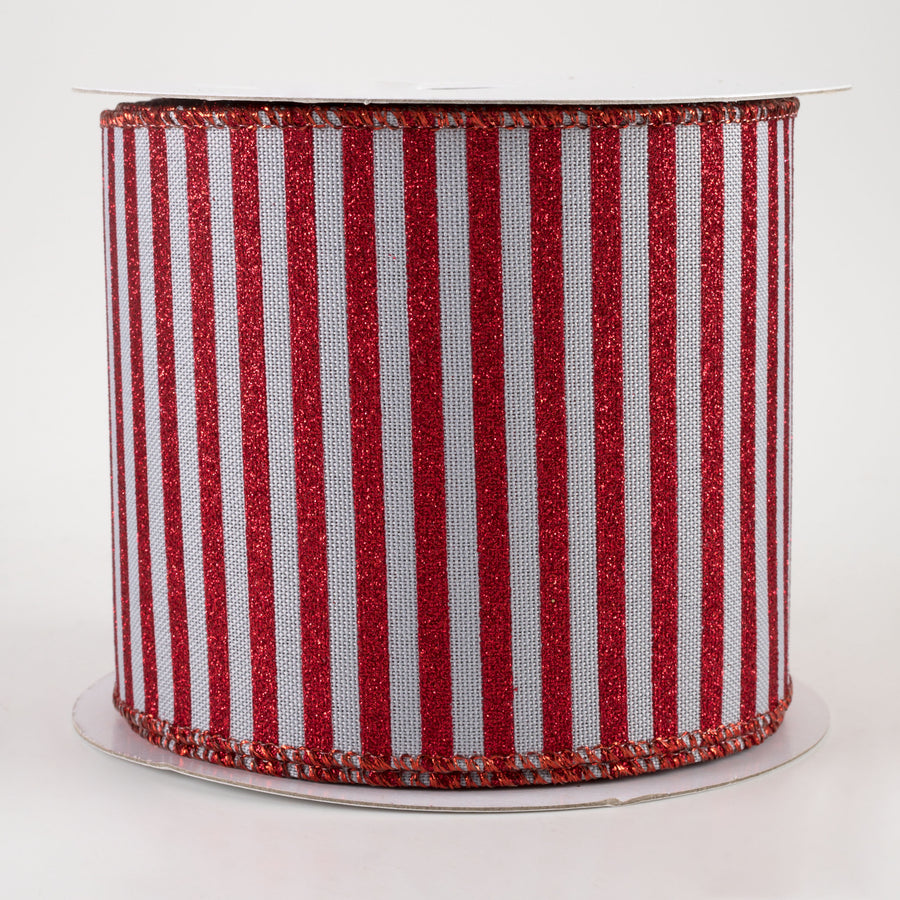 4" Glitter Stripe Canvas Ribbon: Light Grey & Red (10 Yards)