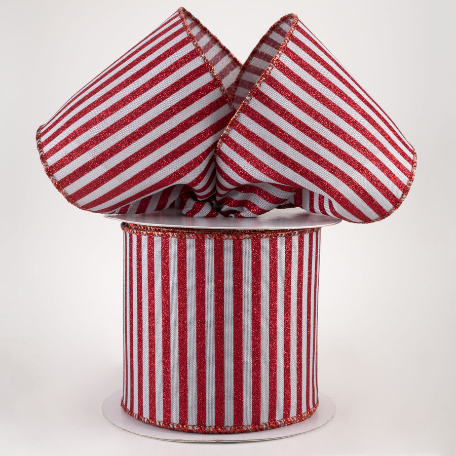 4" Glitter Stripe Canvas Ribbon: Light Grey & Red (10 Yards)