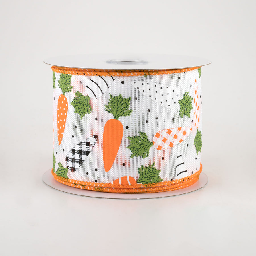 2.5" Patterned Carrots Ribbon: White Faux Burlap (10 Yards)