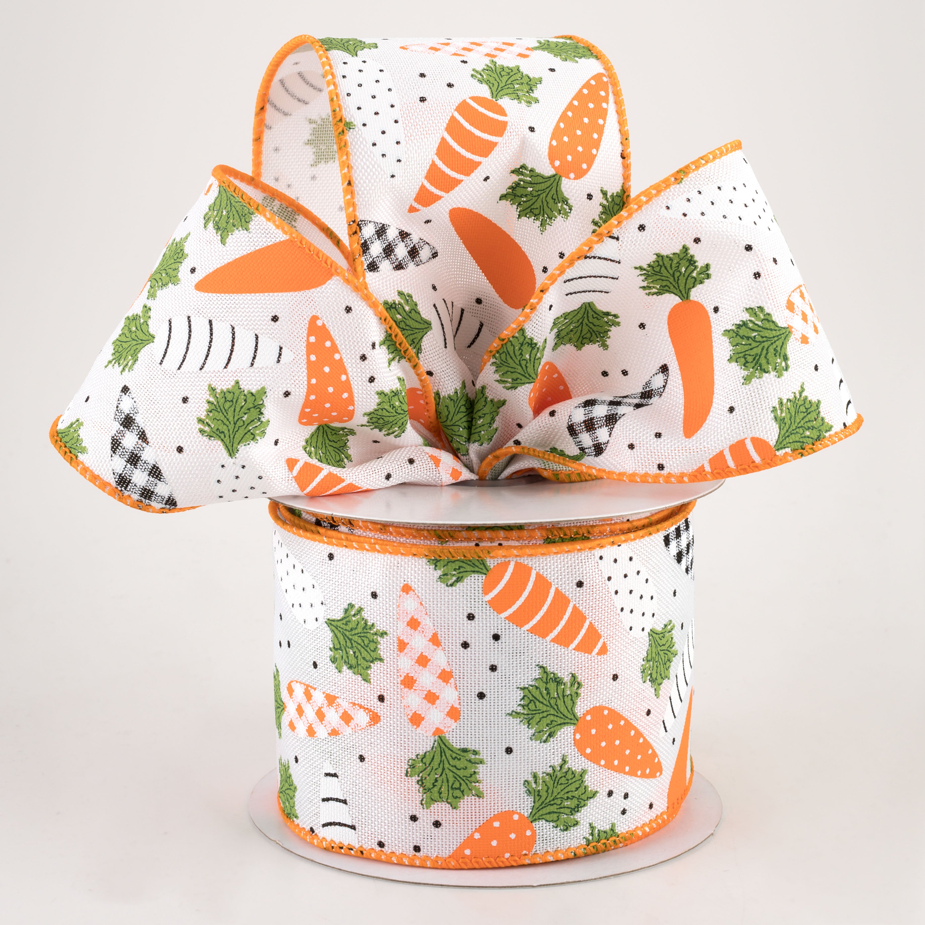 2.5" Patterned Carrots Ribbon: White Faux Burlap (10 Yards)