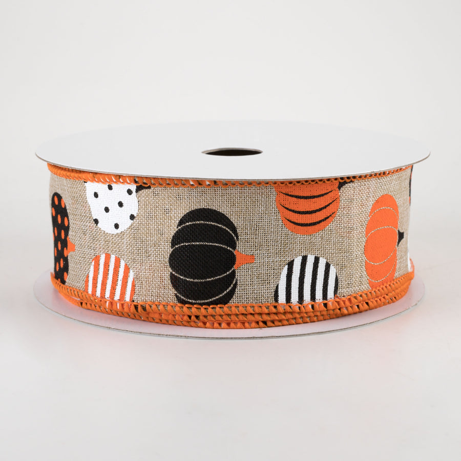 1.5" Patterned Pumpkins Ribbon: Natural (10 Yards)