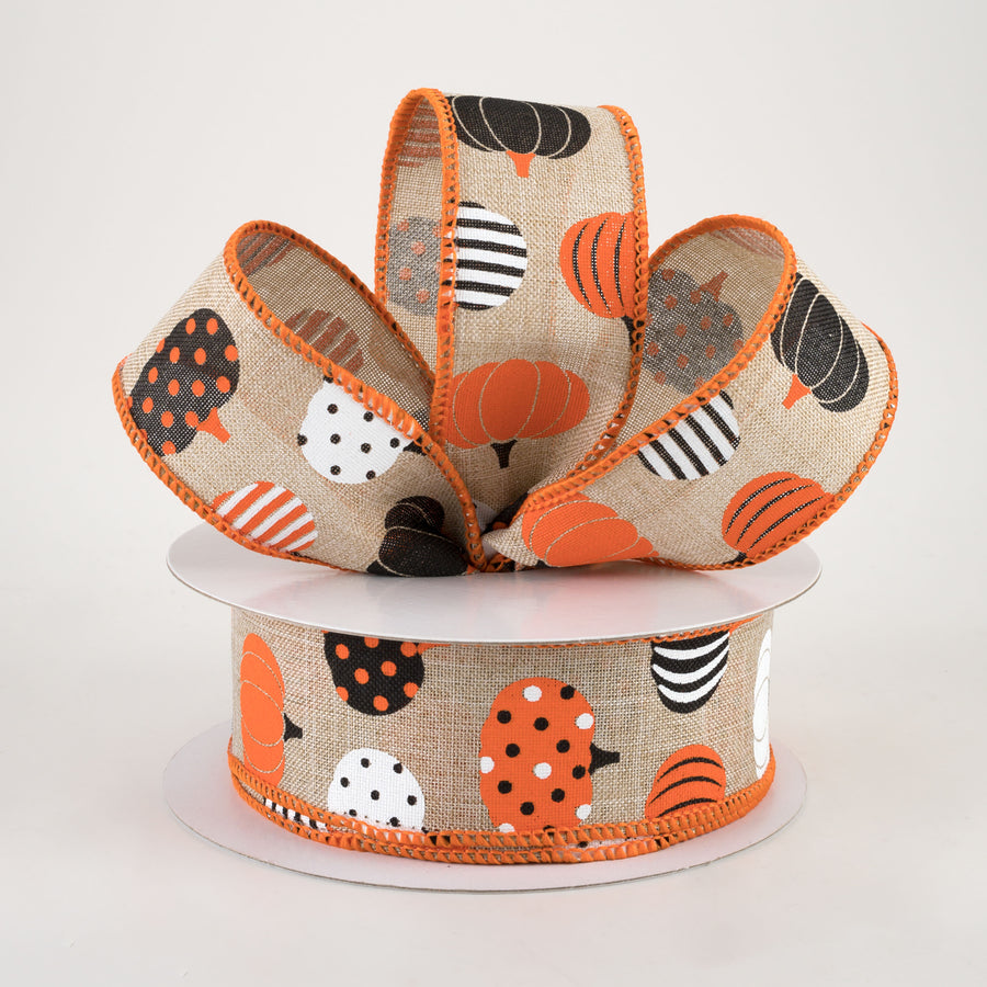 1.5" Patterned Pumpkins Ribbon: Natural (10 Yards)