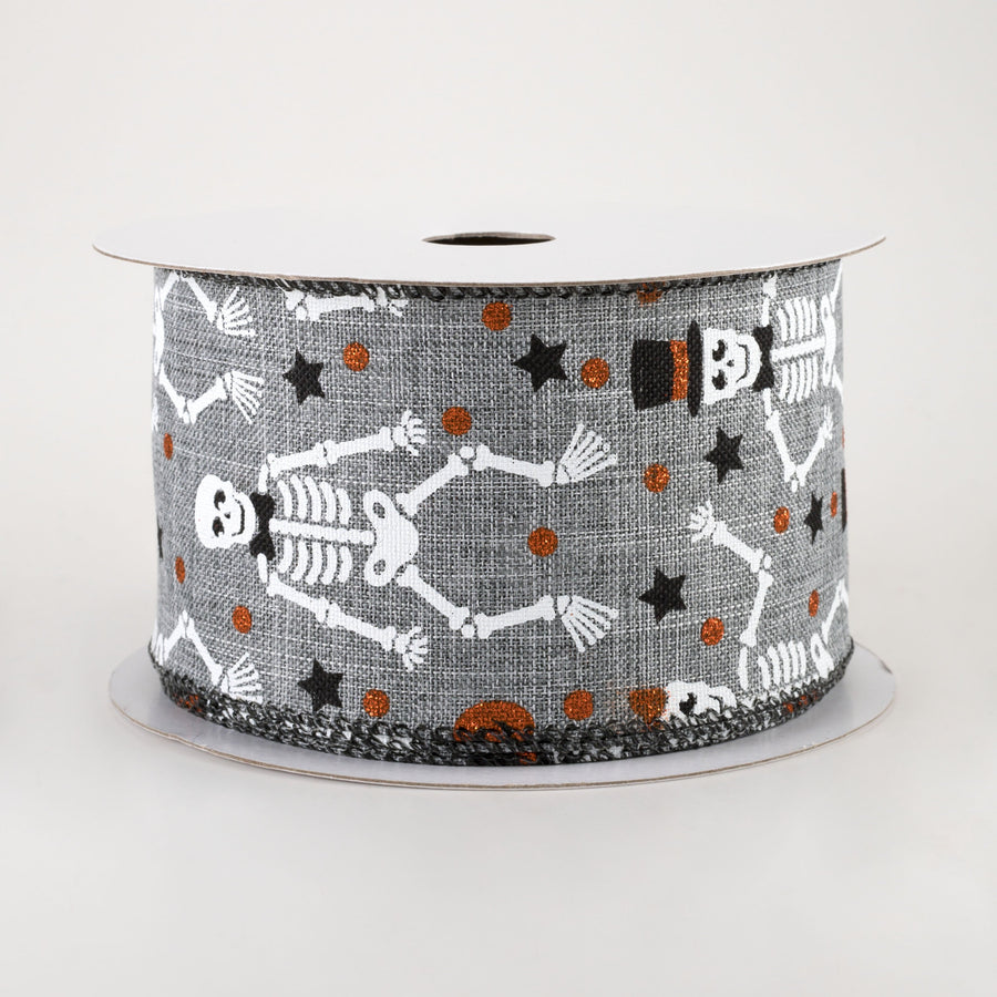 2.5" Orange Glitter Skeletons Ribbon: Grey (10 Yards)