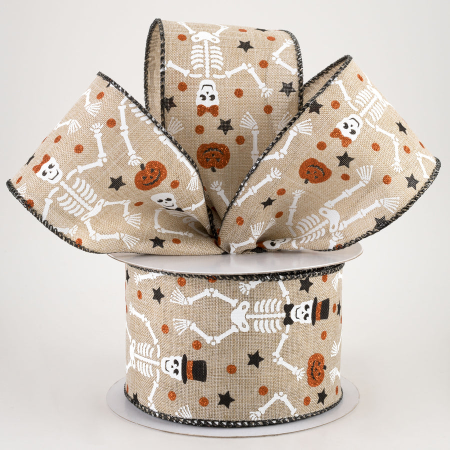 2.5" Orange Glitter Skeletons Ribbon: Natural (10 Yards)