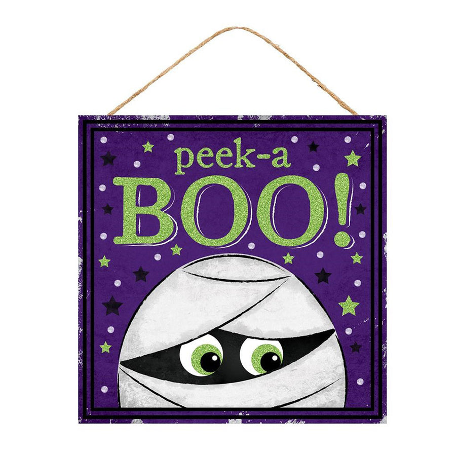 10" Square Wooden Sign: Glitter Peek-A-Boo Mummy