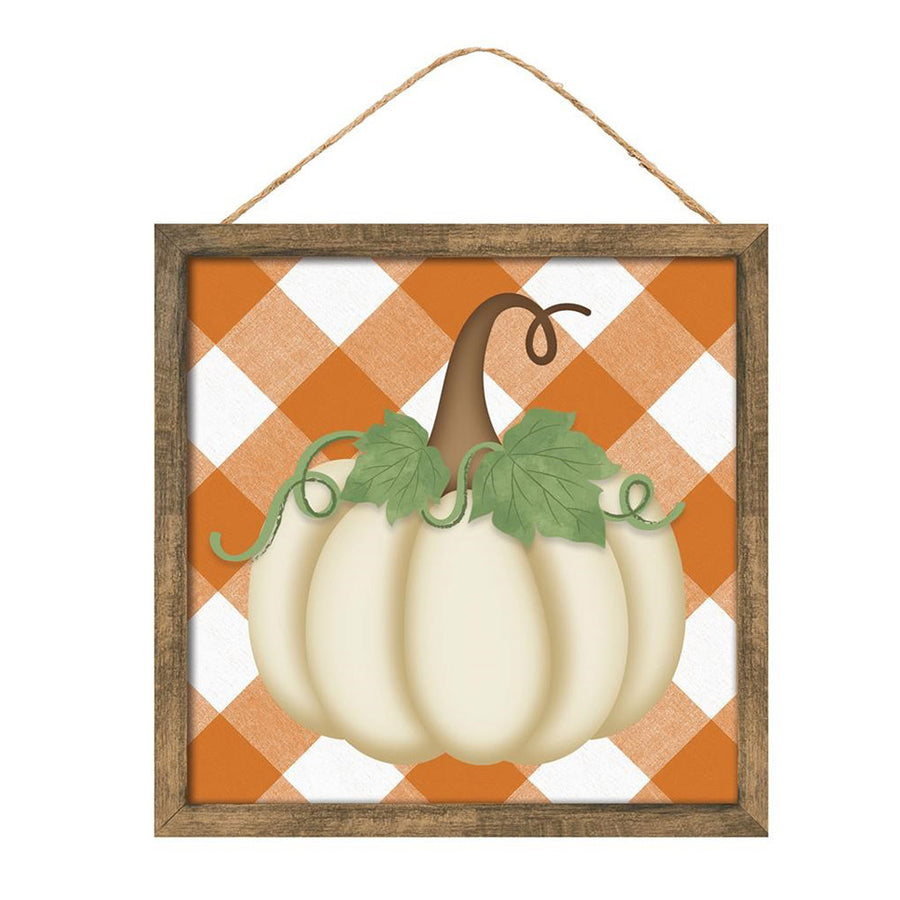 10" Square Short Pumpkin Check Sign: Orange & Cream