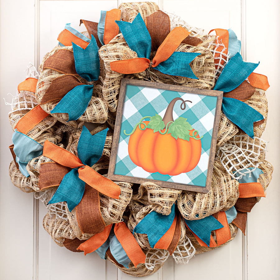 10" Square Short Pumpkin Check Sign: Teal & Orange